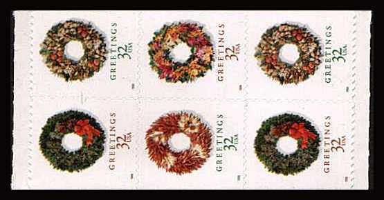 view larger image for Commemoratives 1996 - 1998 - Later Period Commemoratives: SG Number - / Scott Number 32c x6 (1998) - Christmas - Wreaths<br/>
Booklet pane of 3247,8 + 2x3245,6<br/><br/>
Self adhesive