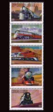 view larger image for  : SG Number 3644a / Scott Number 3337a (1999) - Famous Trains<br/>
Vertical strip of 5