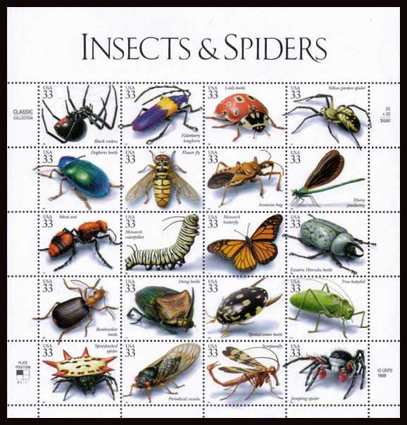 view larger image for  : SG Number 3673a / Scott Number 3351 (1999) - Insects & Spiders <br/>
sheet of 20 with special label at top