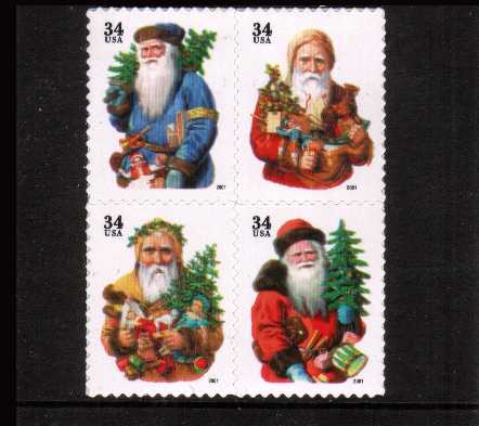 view larger image for  : SG Number 4006a / Scott Number 3540b (2001) - Christmas Santas - Black inscriptions - Large Date - Block of four
<br/>
<br/>
Self Adhesive - ex sheets