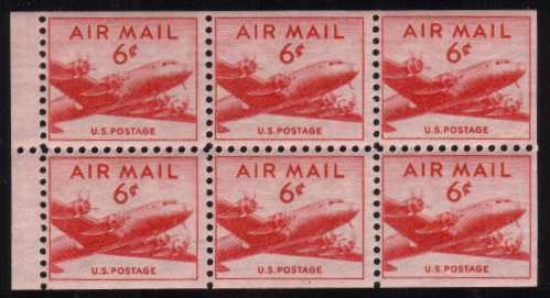 view larger image for Airmails Airmails: SG Number A944a / Scott Number 6c x6 (1949) - Small Plane
<br/>
Booklet pane of six