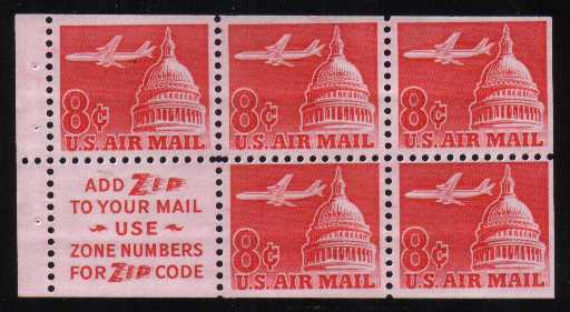 view larger image for Airmails Airmails: SG Number A1210a / Scott Number  (1962) - Jet over Capitol<br/>
Booklet Pane of five<br/>
Slogan 2: ' Use Zone Numbers For Zip Code'
