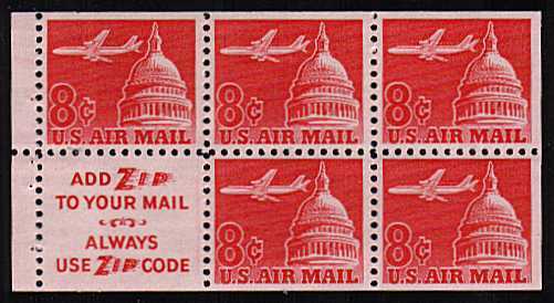 view larger image for Airmails Airmails: SG Number A1210a / Scott Number  (1962) - Jet over Capitol<br/>
Booklet Pane of five<br/>
Slogan 3:  'Always Use Zip Code'