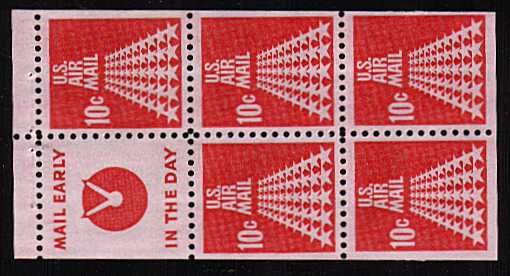 view larger image for Airmails Airmails: SG Number A1318b / Scott Number 10c x5 (1968) - 50 Star Runway<br/>
Booklet Pane of 5<br/> 
Slogan 4:  'Mail early in the day'