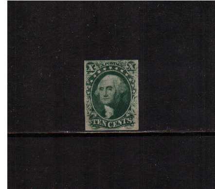 view larger image for The Imperforate Issues The Imperforate Issues: SG Number  / Scott Number 10c Green - Type II (1855) - A good looking UNSED - NO GUM stamp with a tiny thin. Four good clear margins. SCOTT cat for no gum $2200