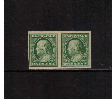 view larger image for The Washington - Franklin Issues 1908-1909 Double Line wmk - Imperforate: SG Number 350 / Scott Number 1c Green (1908) - Ben Franklin<br/>
A very lightly mounted mint pair