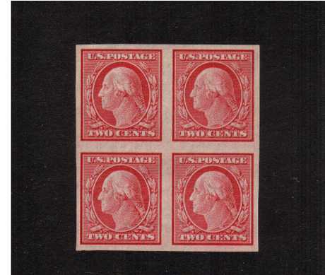 view larger image for The Washington - Franklin Issues 1908-1909 Double Line wmk - Imperforate: SG Number 351 / Scott Number 2c Carmine (1908) - George Washington<br/>
A lightly mounted mint block of four mounted on top two stamps only, lower pair unmounted mint.