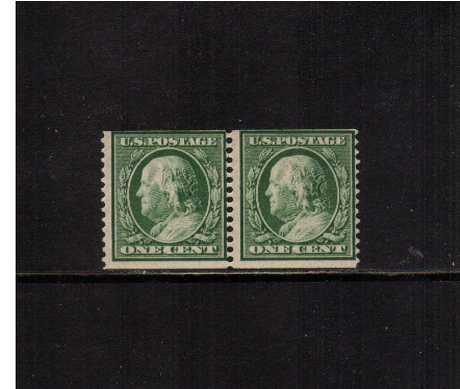 view larger image for The Washington - Franklin Issues 1910-1911 Single Line Wmk - Coils: SG Number 394pr / Scott Number 1c x2 (1910) - Ben Franklin<br/>
Coil - Imperforate x Perforation 12<br/>
A lightly mounted mint pair with usual centering.