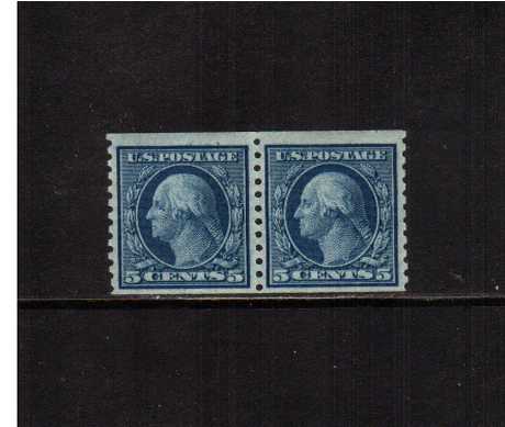 view larger image for The Washington - Franklin Issues 1915 Single Line Wmk - Rotary Press Coils: SG Number 464pr / Scott Number 5c Blue x2 (1915) - George Washington<br/>
Coil -  Imperforate x Perforation 10<br/>
A fine lightly mounted mint pair
