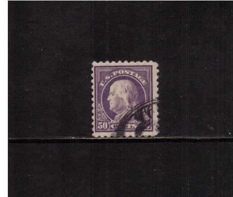 view larger image for The Washington - Franklin Issues 1916-1917 No Wmk - Flat Press - Perf 10: SG Number 483 / Scott Number 50c Light Violet (1916) - Ben Franklin<br/>
A fine used single cancelled clear of profile.