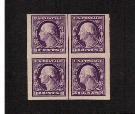 view larger image for The Washington - Franklin Issues 1917 No Wmk - Flat Press - Imperforate: SG Number 490 / Scott Number 3c Violet - Type I (1917) - George Washington<br/>
A superb block of four lightly mounted on the top two stamps and the lower stamps being unmounted mint