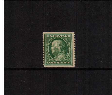 view larger image for The Washington - Franklin Issues 1908-1909 Double Line wmk - Coils: SG Number 359 / Scott Number 1c Green (1908) - George Washington<br/>
Coil - Imperforate x Perforation 12<br/>
A fine mounted mint single with good centering for these coil issues.