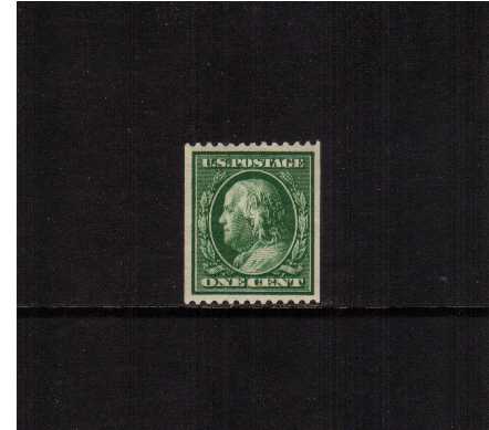 view larger image for The Washington - Franklin Issues 1910-1911 Single Line Wmk - Coils: SG Number 392 / Scott Number 1c Green (1910) - Ben Franklin<br/>
Coil - Perforation 12 x Imperforate<br/>
A superb unmounted mint single withe reasonable centering for this issue.