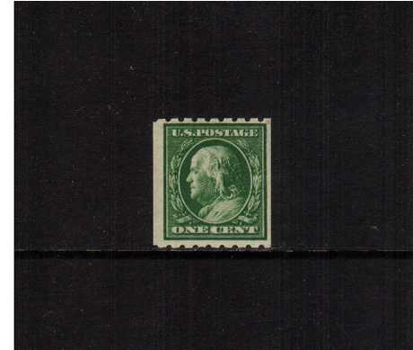view larger image for The Washington - Franklin Issues 1910-1911 Single Line Wmk - Coils: SG Number 397 / Scott Number 1c Green (1910) - Ben Franklin<br/>
Coil - Perforation 8½ x Imperforate<br/>
A superb lightly mounted mint single