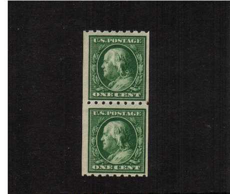 view larger image for The Washington - Franklin Issues 1910-1911 Single Line Wmk - Coils: SG Number 397pr / Scott Number 1c Green (1910) - Ben Franklin<br/>
Coil - Perforation 8½ x Imperforate<br/>
A superb unmounted mint pair