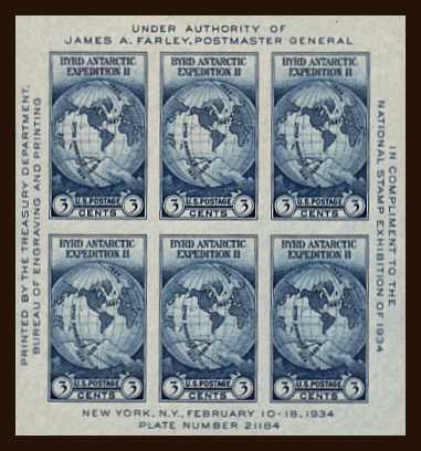 view larger image for  : SG Number MS734 / Scott Number 735 (1931) - Byrd Antarctic - Exhibition Imperforate minisheet of six
<br/>
<br/>
Note: This was issued without gum
