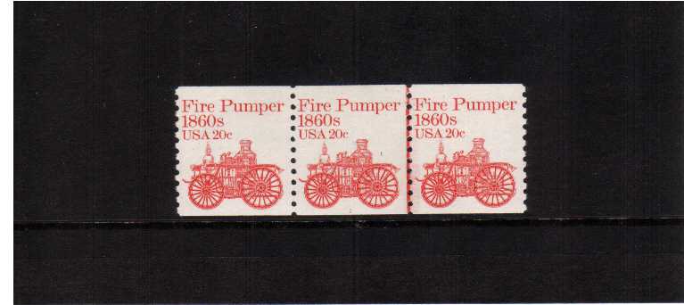 view larger image for Plate Number Coils Plate Number Coils: SG Number 1879 / Scott Number 20c Fire Pumper (1981) - A superb unmounted mint strip of three showing plate number 1