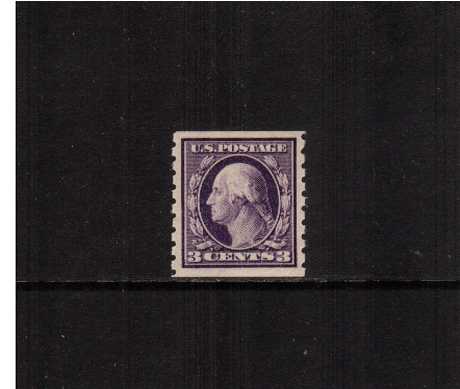 view larger image for The Washington - Franklin Issues 1910-1911 Single Line Wmk - Coils: SG Number 401 / Scott Number 3c Violet (1910) - George Washington<br/>
Coil - Perforation 8½ x Imperforate<br/>
A superb unmounted mint single with amazing centering!