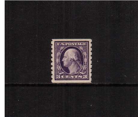 view larger image for The Washington - Franklin Issues 1910-1911 Single Line Wmk - Coils: SG Number 401 / Scott Number 3c Violet (1910) - George Washington<br/>
Coil - Perforation 8½ x Imperforate<br/>
A stunning very lightly mounted mint single