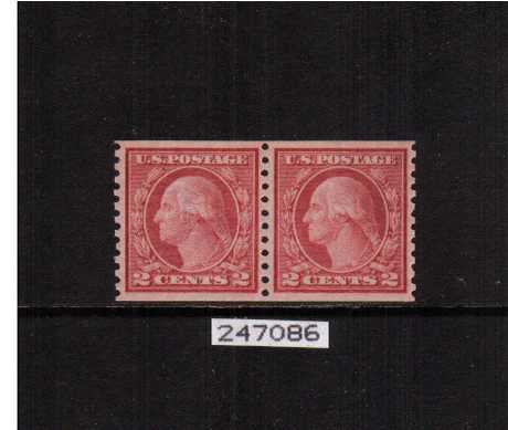 view larger image for The Washington - Franklin Issues 1915 Single Line Wmk - Rotary Press Coils: SG Number 460pr / Scott Number 2c Red - Type II (1915) - George Washington<br/>
Coil - Imperforate x Perforation 10<br/>
A superb unmounted mint pair with excellent centering for this issue and with the benefit of a PHILATELIC FOUNDATION certificate.