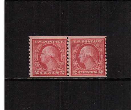 view larger image for The Washington - Franklin Issues 1915 Single Line Wmk - Rotary Press Coils: SG Number 460pr / Scott Number 2c Red - Type II (1915) - George Washington<br/>
Coil - Imperforate x Perforation 10<br/>
A superb unmounted mint pair with usual centering for this issue and with the benefit of a PHILATELIC FOUNDATION certificate.