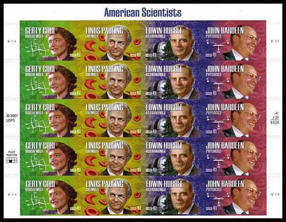 view larger image for  : SG Number 4809v / Scott Number 4227v (2008) - American Scientists<br/>
Cori, Pauling, Hubble and Bardeen<br/>
Special sheetlet of 20<br/><br/>
Self adhesive