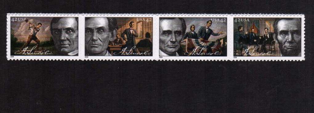view larger image for  : SG Number 4931a / Scott Number 4383a (2009) - Abraham Lincoln's 200th Birthday<br/>
Strip of four<br/><br/>
Self adhesive