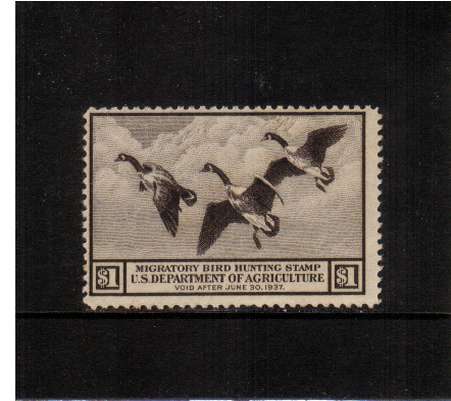 view larger image for Federal Ducks Federal Ducks: SG Number  / Scott Number $1 (1936) - Migratory Bird Hunting and Conservation Stamp<br/>
Inscribed 'Void after June 30th, 1937'<br/>
A superb unmounted mint single.