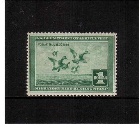 view larger image for Federal Ducks Federal Ducks: SG Number  / Scott Number $1 (1937) - Migratory Bird Hunting and Conservation Stamp<br/>
Inscribed 'Void after June 30th, 1938'<br/>
A superb unmounted mint single.