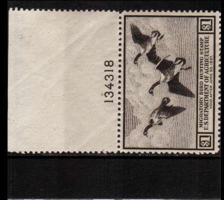 view larger image for Federal Ducks Federal Ducks: SG Number  / Scott Number $1 (1936) - Migratory Bird Hunting and Conservation Stamp<br/>
Inscribed 'Void after June 30th, 1933'<br/>
A superb unmounted mint top marginal plate number single.