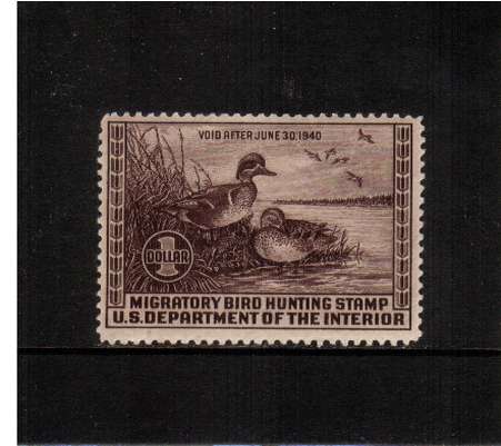 view larger image for Federal Ducks Federal Ducks: SG Number  / Scott Number $1 (1939) - Migratory Bird Hunting and Conservation Stamp<br/>
Inscribed 'Void after June 30th, 1940'<br/>
A fine very, very lightly mounted mint single.