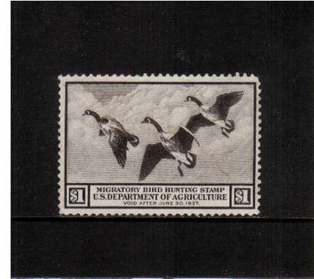 view larger image for Federal Ducks Federal Ducks: SG Number  / Scott Number $1 (1936) - Migratory Bird Hunting and Conservation Stamp
Inscribed 'Void after June 30th, 1937' A very lightly used example. Fresh.