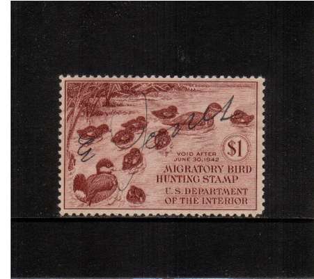 view larger image for Federal Ducks Federal Ducks: SG Number  / Scott Number $1 (1941) - Migratory Bird Hunting and Conservation Stamp
Inscribed 'Void after June 30th, 1942'. A fine used stamp.