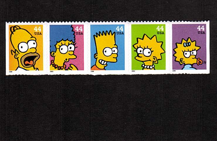 view larger image for  : SG Number 4452-4956 / Scott Number 4403a (2009) - The Simpsons Television Cartoon Show<br/>
Horizontal strip of 5 - ex booklet
<br/><br/>Self Adhesive