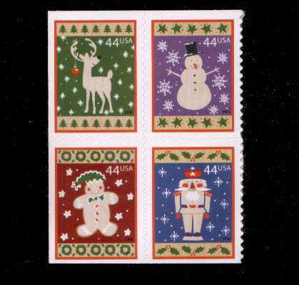 view larger image for  : SG Number 5002-5005 / Scott Number 4428a (2009) - Christmas - Winter Holidays<br/>
Booklet block of four - Perforation 10¾x11
<br/><br/>Self Adhesive