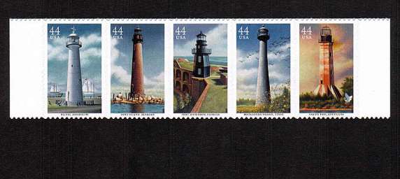 view larger image for  : SG Number 4964a / Scott Number 4413a (2009) - Gulf Coast Lighthouse<br/>
Horizontal strip of 5
<br/><br/>Self Adhesive