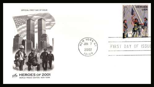 view larger image for First Day Covers First Day Covers: SG Number 4110 / Scott Number  (2002) - Heroes of 9-11 Charity Issue on ''Artcraft''  unaddressed first day cover cancelled with a FDI cancel for NEW YORK dated JUN 7 2002.

