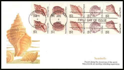 view larger image for First Day Covers First Day Covers: SG Number 2179a / Scott Number  (1984) - Seashells booklet pane of ten on an unaddressed colour Fleetwood illustrated First Day Cover cancelled with a BOSTON MA FDI cancel dated APR 4 1985
