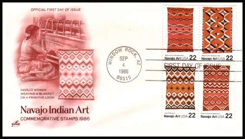 view larger image for  : SG Number 2229a / Scott Number 2238a (1986) - Navajo Art - Blankets block of four on an ''Artcraft'' First Day Cover cancelled with a WINDOW ROCK - AZ FDI cancel dated SEP 4 1986