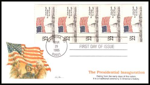 view larger image for First Day Covers First Day Covers: SG Number 2178a / Scott Number  (1985) - Flag over Capital with text ''Of the People, By the People, For the People'' Booklet pane of five on Fleetwood colour First Day Cover cancelled WAUBEKA - WI FDI dated MAR 29 1985