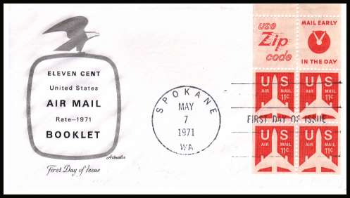 view larger image for First Day Covers First Day Covers: SG Number A1423a / Scott Number  (1971) - Jet Airplane Silhouette Booklet pane of four on illustrated unaddressed Artmaster first day cover cancelled SPOKANE - WA dated MAY 7 1971