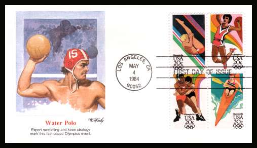 view larger image for First Day Covers First Day Covers: SG Number 2082a / Scott Number  (1984) - Summer Olympics block of four on colour Fleetwood first day cover cancelled with a LOS ANGELES - CA FDI cancel dated MAY 4 1984
