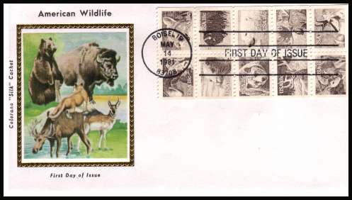 view larger image for First Day Covers First Day Covers: SG Number 1865a / Scott Number  (1981) - American Wildlife booklet pane of ten different designs on Colorano ''Silk'' cachet first day cover cancelled with a BOISE - ID FDI cancel dated MAY 14 1981
