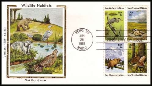 view larger image for First Day Covers First Day Covers: SG Number 1898a / Scott Number  (1981) - Wildlife block of four on unaddressed  colour Colorano 'Silk' first day cover cancelled with a RENO - NV FDI cancel dated JUN 26 1981