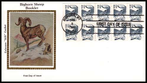 view larger image for First Day Covers First Day Covers: SG Number 1926a / Scott Number  (1982) - booklet pane of eight on unaddressed Colorano 'Silk' first day cover cancelled with a BIGHORN - MT
FDI cancel dated JAN 8 1982