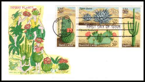 view larger image for First Day Covers First Day Covers: SG Number 1922a / Scott Number  (1981) - Desert Plants block of four on unaddressed colour DORIS GOULD first day cover cancelled with a TUSCON - AZ FDI cancel dated DEC 11 1981