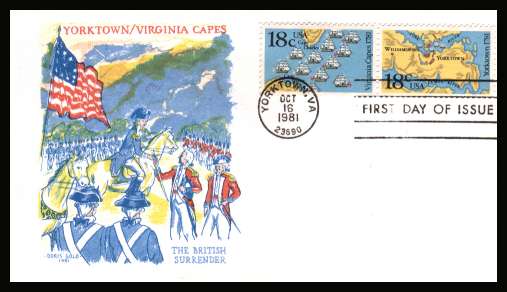 view larger image for First Day Covers First Day Covers: SG Number 1915a / Scott Number  (1981) - Yorktown se-tenent pair on unaddressed colour DORIS GOULD illustrated first day cover cancelled with a YORKTOWN - VA FDI dated OCT 16 1981
