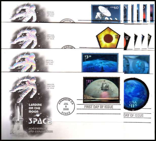 view larger image for  : SG Number MS3832a-e / Scott Number 3409-3419 (2000) - Space - World Expo 2000 stamp exhibition complete set of fifteen singles from the five minisheets all on Artcraft first day covers cancelled with the ANAHEIM - CA FDI cancel