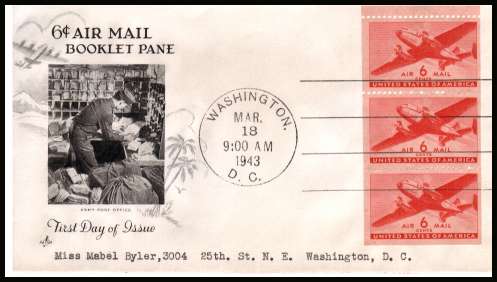 view larger image for First Day Covers First Day Covers: SG Number A1423a / Scott Number  (1943) - Mail Plane booklet pane of three on typed address Artcraft booklet cancelled with a WASHINGTON - D.C. cancel dated MAR 18 1943