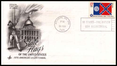 view larger image for First Day Covers First Day Covers: SG Number 1616 / Scott Number  (1976) - State Flags - Georgia single on unaddressed Artcraft first day cover cancelled with a ATLANTA - GA
FDI cancel dated 23 FEB 1976